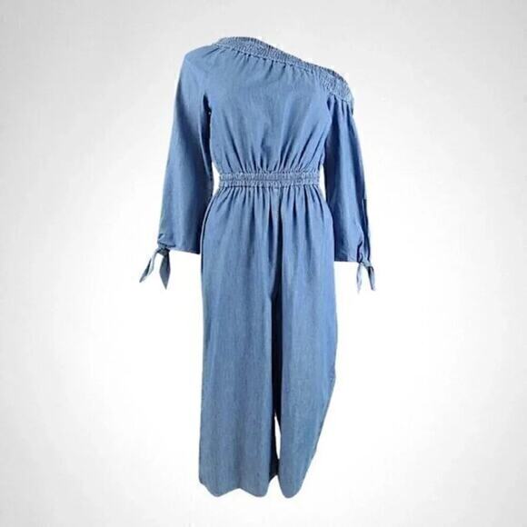 MICHAEL Michael Kors Off-Shoulder Cropped Chambray Jumpsuit Light Cadet Wash XS - Picture 2 of 6